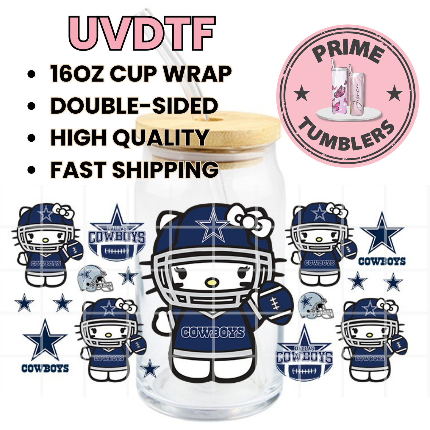 Hello Kitty DALLAS Cowboys Football 16oz UVDTF cup wrap, ready to apply STICKERS on