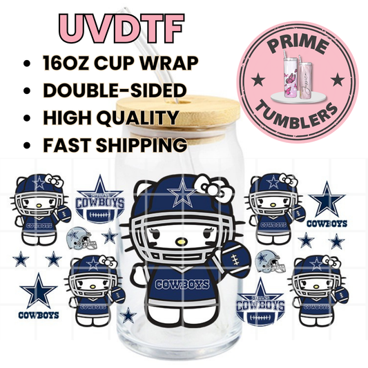 Hello Kitty DALLAS Cowboys Football 16oz UVDTF cup wrap, ready to apply STICKERS on