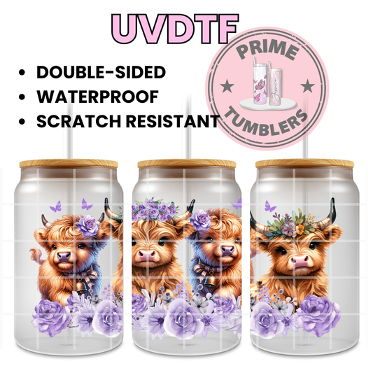 Highland Cow and purple FLOWERS 16oz UVDTF cup wrap, ready to apply STICKERS decal cows