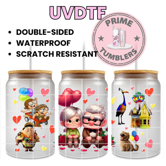 Disney-Pixar movie UP Carl, Ellie Fredricksen, Russell, Dug and Kevin 16oz Libbey Glass Cup Wrap UVDTF, Ready to apply decal STICKERS Adventure House Balloons