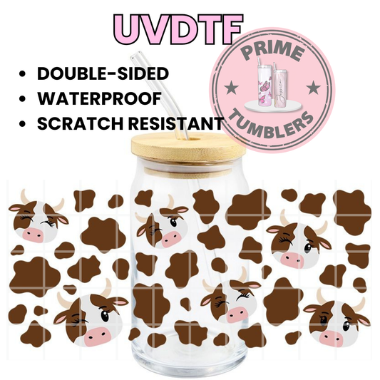 Cute Brown Cow print 16oz UVDTF cup wrap, ready to apply STICKERS decal