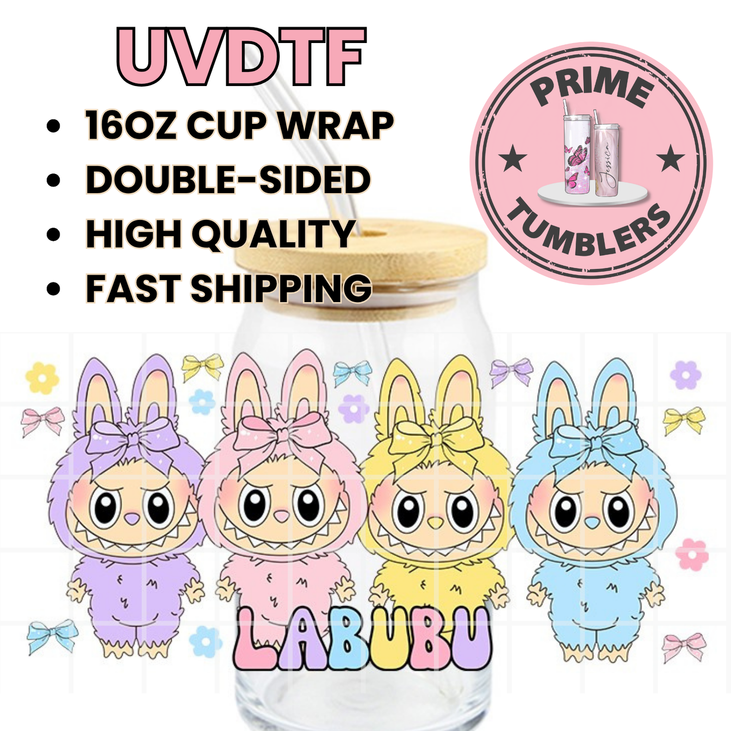 LABUBU name Kawaii 16oz Libbey Glass Cup Wrap UVDTF, Ready to apply decal STICKERS Labubus Pop Mart