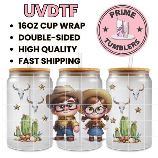 Disney-Pixar movie UP Carl and Ellie Fredricksen 16oz UVDTF cup wrap, ready to apply STICKERS Western Cowboy Cowgirl cactus and bull skulls