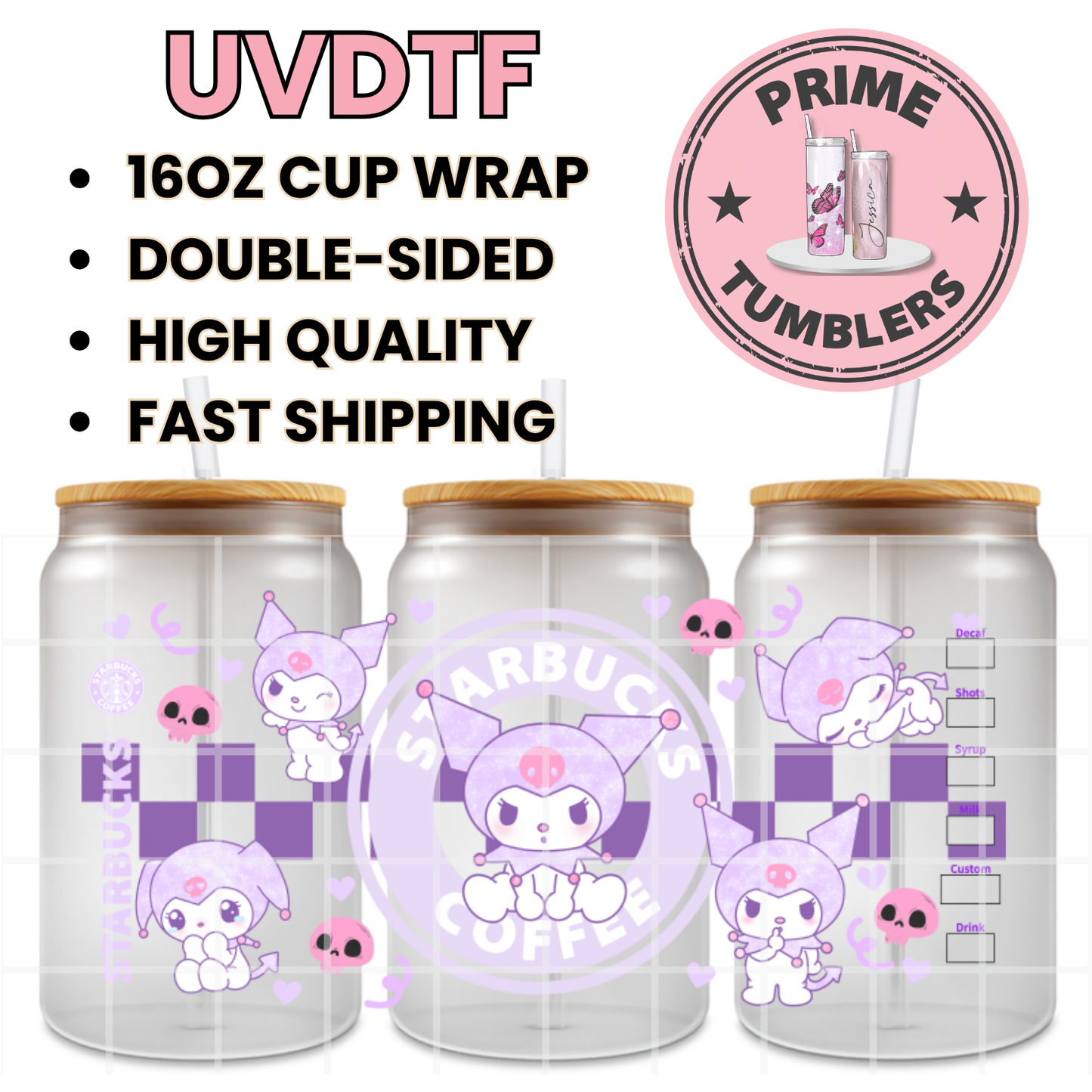 Sanrio KUROMI light purple 16oz UVDTF cup wrap, ready to apply STICKERS