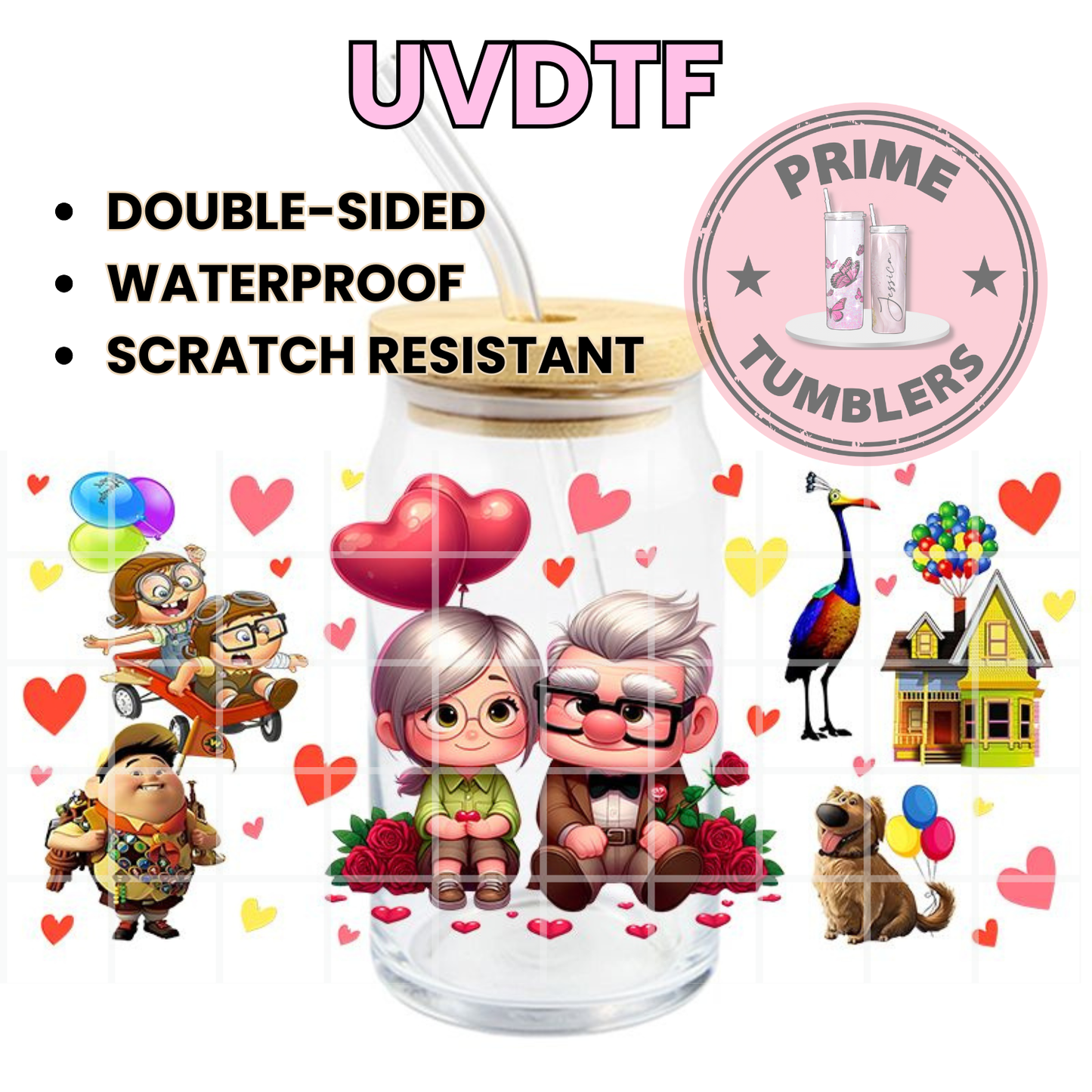 Disney-Pixar movie UP Carl, Ellie Fredricksen, Russell, Dug and Kevin 16oz Libbey Glass Cup Wrap UVDTF, Ready to apply decal STICKERS Adventure House Balloons