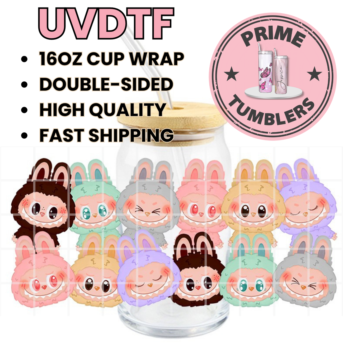 LABUBU plush 16oz Libbey Glass Cup Wrap UVDTF, Ready to apply decal STICKERS Labubus aesthetic plushie dolls The Monsters Pop Mart