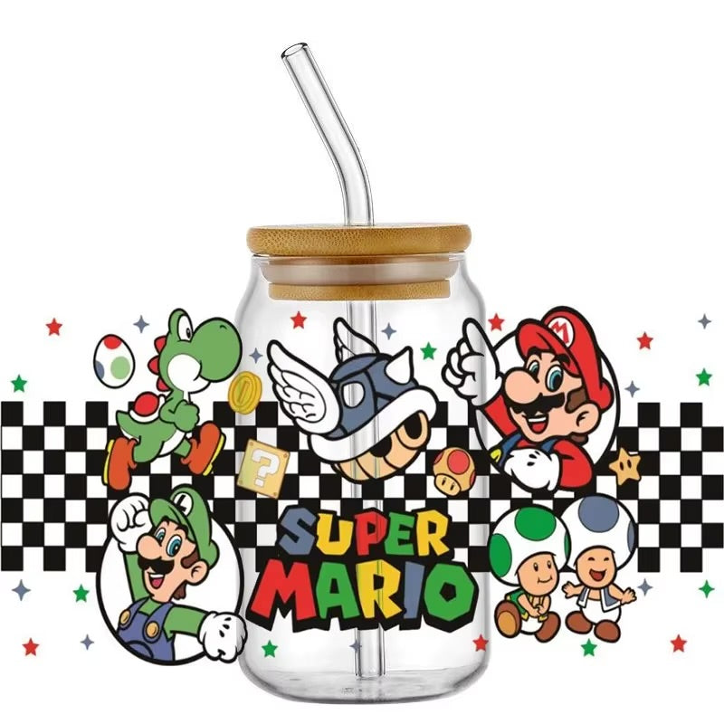 SUPER MARIO, Luigi, Yoshi, Blue Koopa Shell, Super Mushroom, Toad, and Question Block video game 16oz UVDTF cup wrap, ready to apply STICKER Decal checker