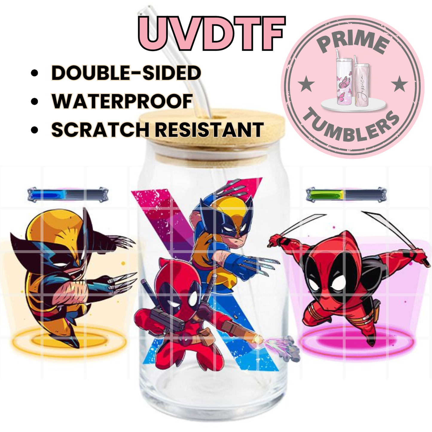 Marvel characters Wolverine and Deadpool 16oz Libbey Glass Can UVDTF cup wrap, ready to apply STICKER decal X