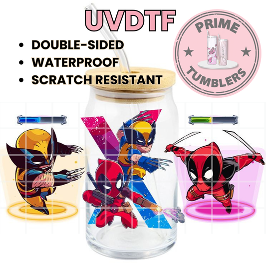 Marvel characters Wolverine and Deadpool 16oz Libbey Glass Can UVDTF cup wrap, ready to apply STICKER decal X