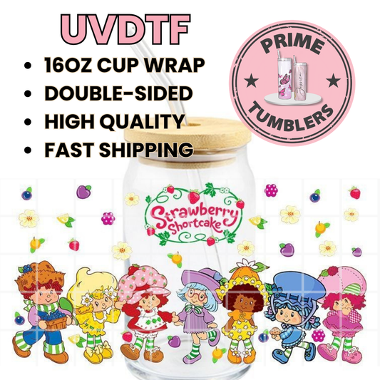 Strawberry Shortcake and FRIENDS 16oz Libbey Glass Cup Wrap UVDTF, Ready to apply decal STICKERS Huckleberry Pie, Lemon Meringue, Orange Blossom, Blueberry Muffin and Raspberry Tart