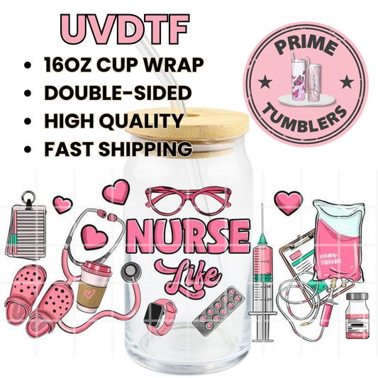 Pink NURSE 16oz UVDTF cup wrap, ready to apply STICKERS on