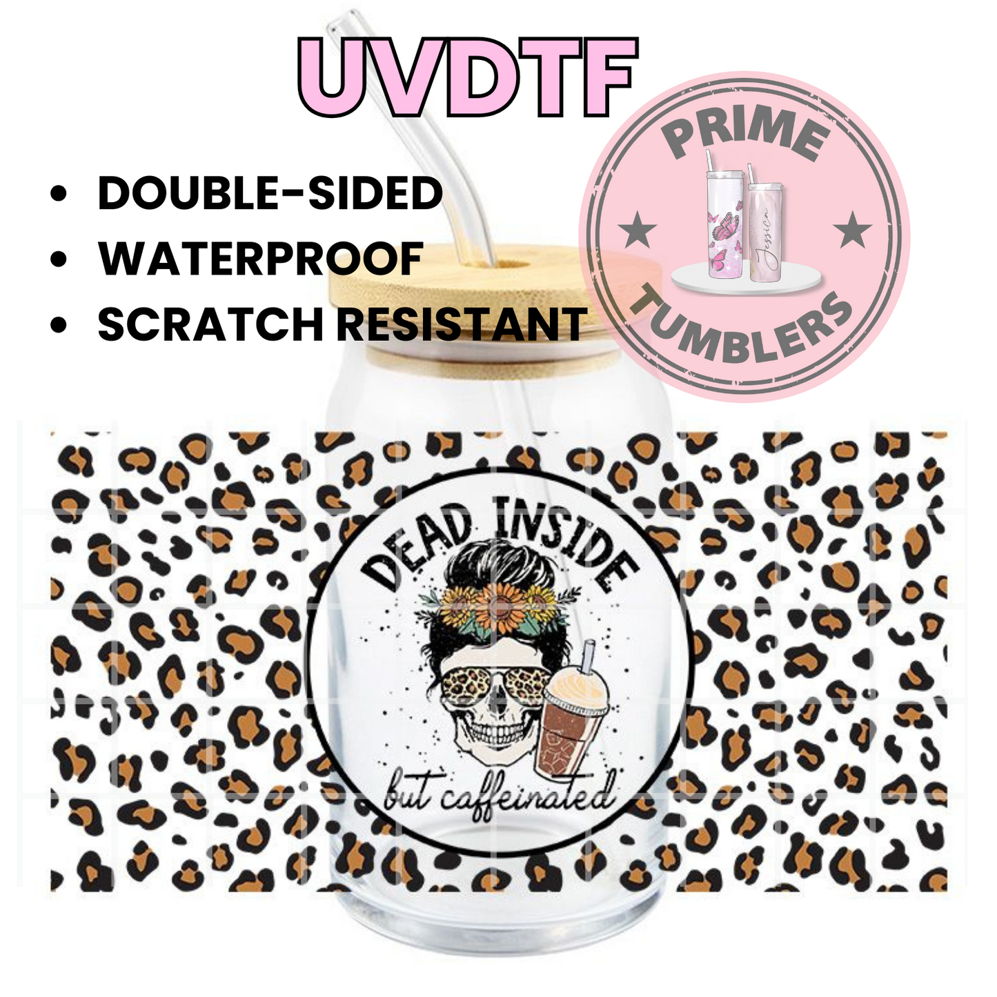Dead Inside but caffeinated Coffee and ANXIETY 16oz UVDTF cup wrap, ready to apply STICKERS decals skull