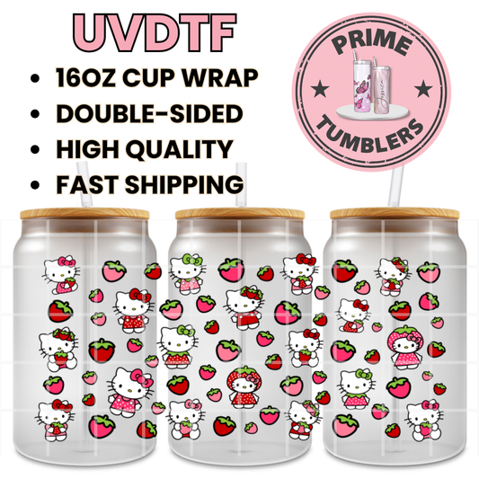 Hello Kitty Strawberries Kawaii 16oz UVDTF cup wrap, ready to apply STICKERS