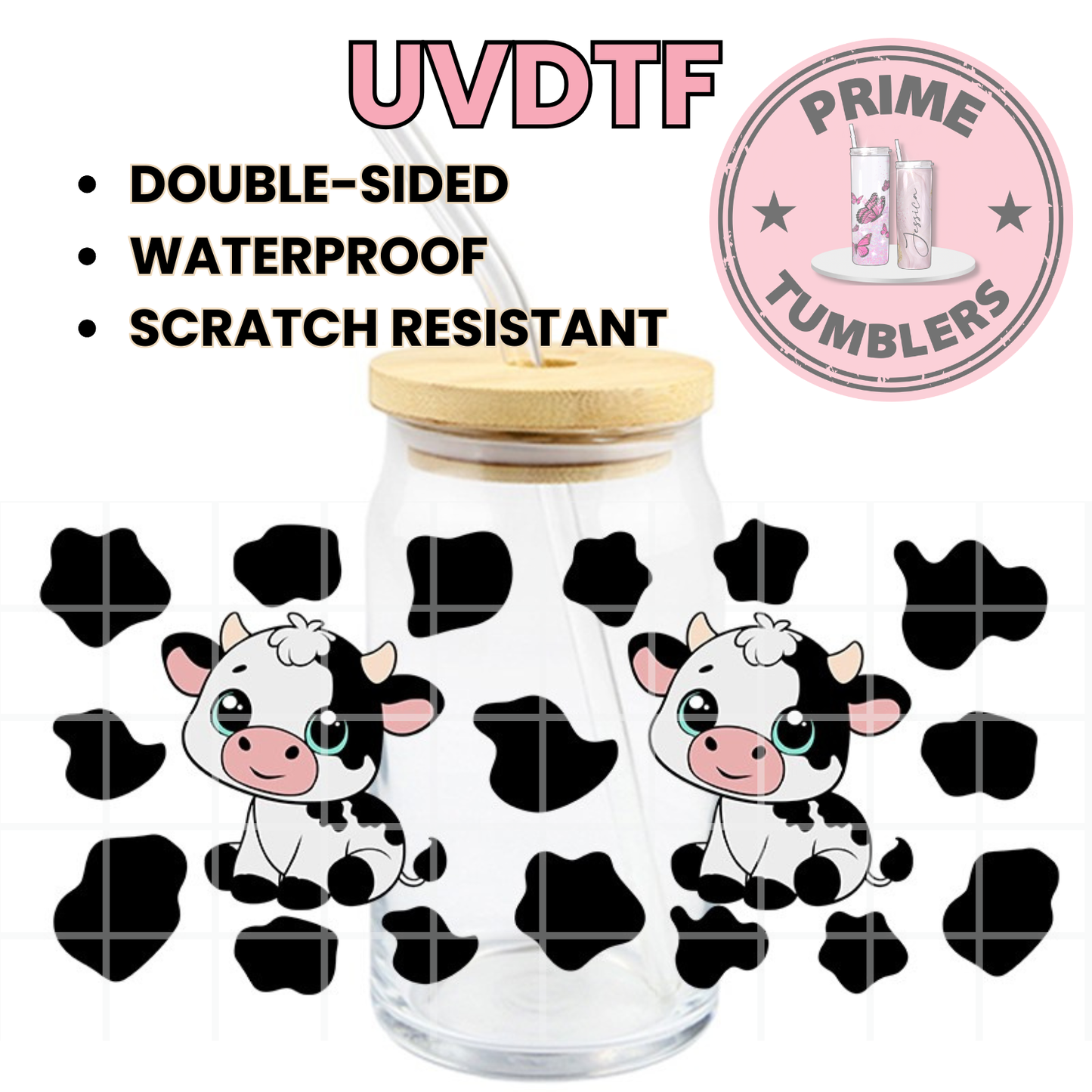 Cute Baby Cow 16oz UVDTF cup wrap, ready to apply STICKERS decal cowgirl teal eyes