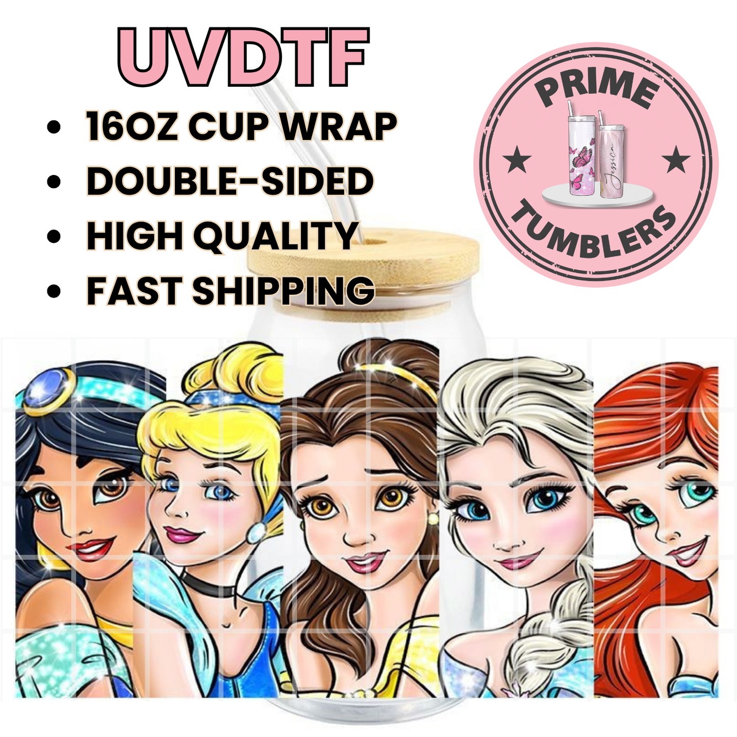 Disney Princesses Ariel Elsa Belle Cinderella Jasmine 16oz UVDTF cup wrap, ready to apply STICKERS