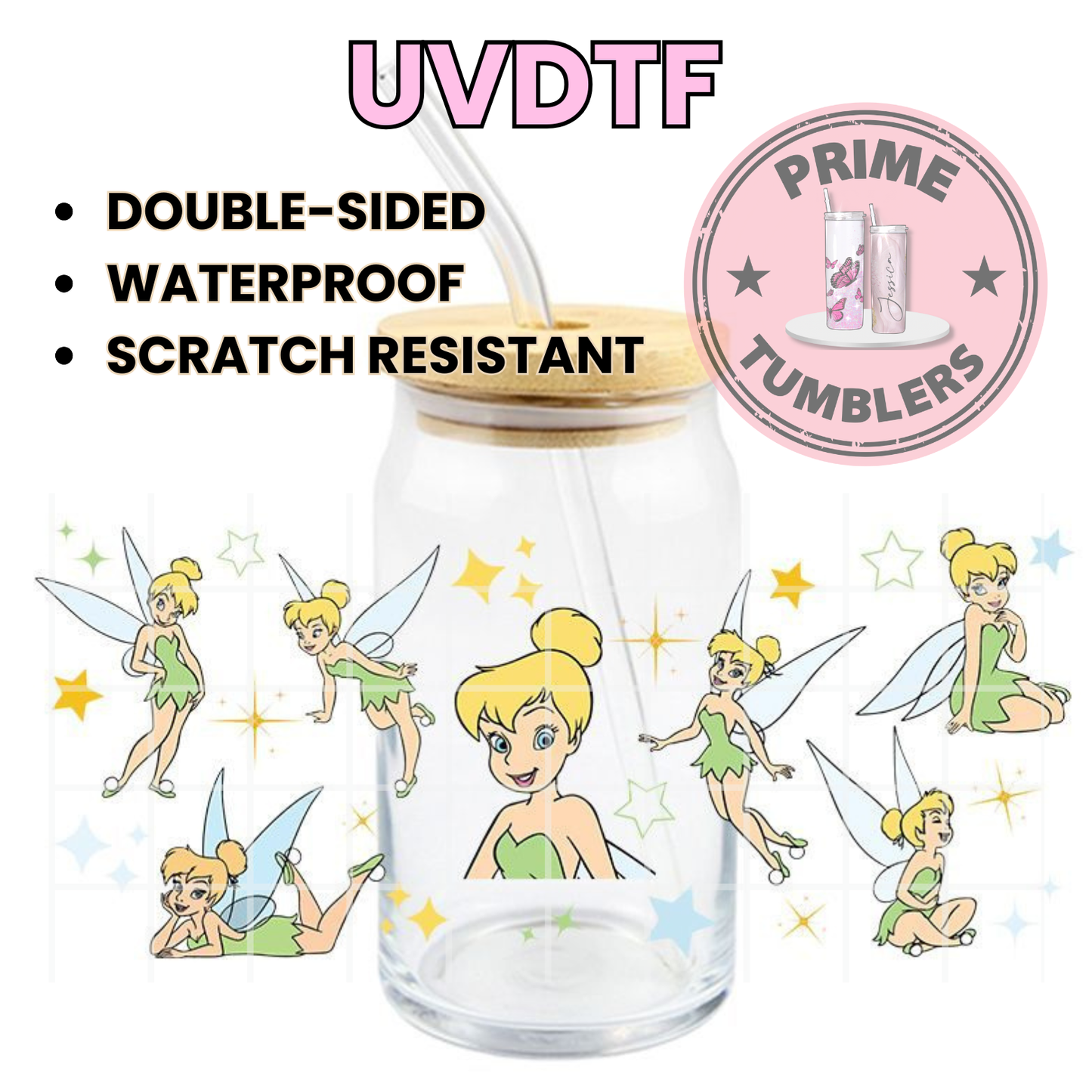 Tinker Bell green Disney 16oz UVDTF cup wrap, ready to apply STICKERS Decals fairy from Peter Pan