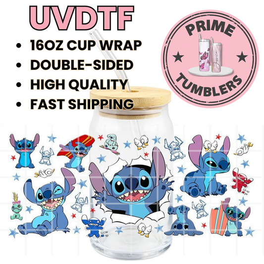 Disney movie Lilo & Stitch 16oz UVDTF cup wrap, ready to apply STICKERS blue alien HAPPY