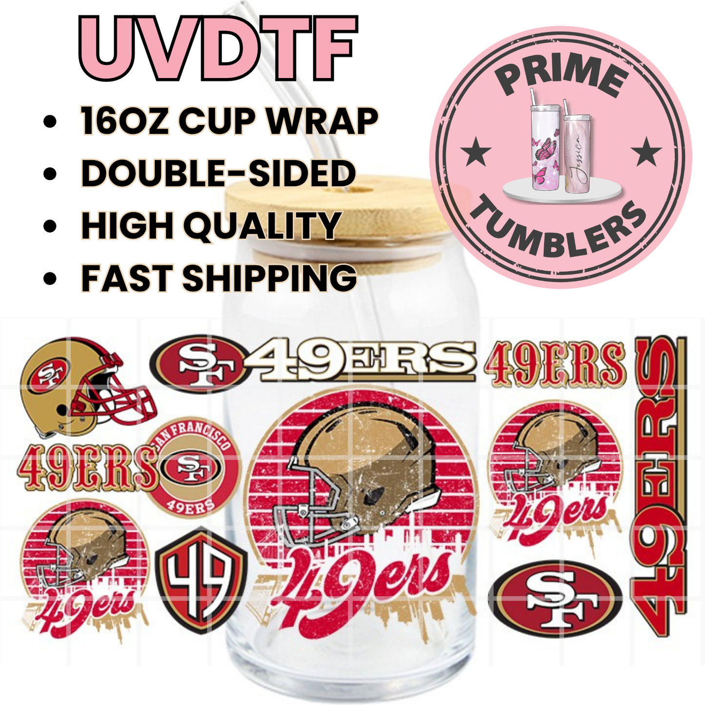 Forty Niners Football 49ers SF San Francisco 16oz UVDTF cup wrap, ready to apply STICKERS