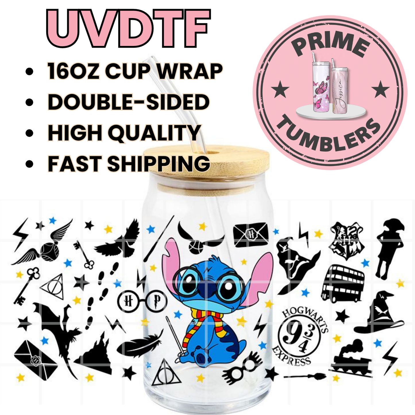 Disney's Lilo & Stitch and the Harry Potter 16oz Libbey Glass Cup Wrap UVDTF, Ready to apply decal STICKERS HP scarf, Hogwarts Express logo, Sorting Hat, Golden Snitch, and various magical symbols