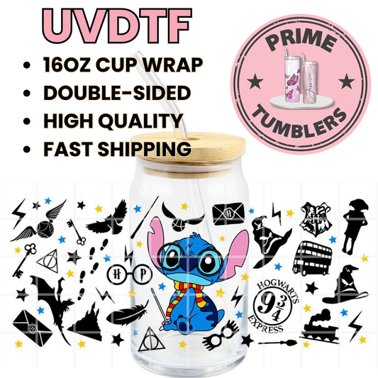 Disney's Lilo & Stitch and the Harry Potter 16oz Libbey Glass Cup Wrap UVDTF, Ready to apply decal STICKERS HP scarf, Hogwarts Express logo, Sorting Hat, Golden Snitch, and various magical symbols