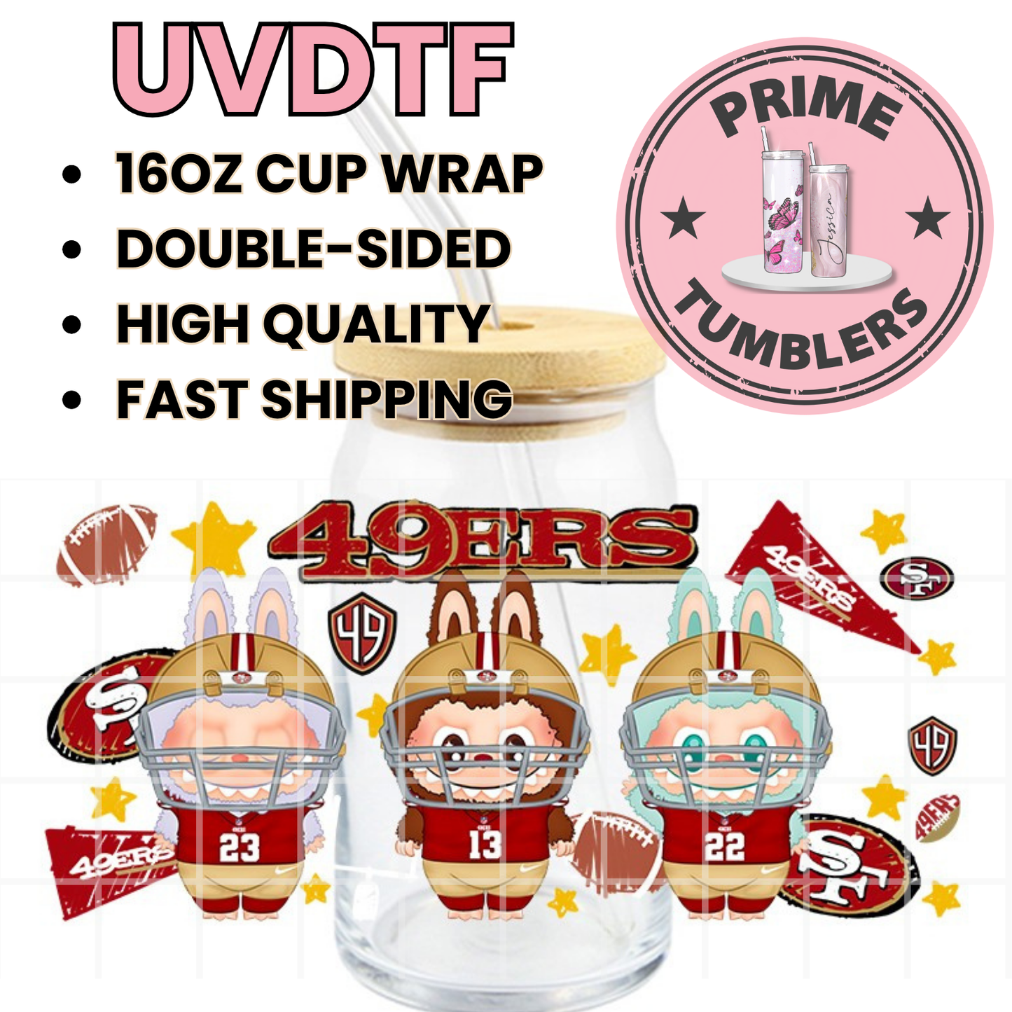 LABUBU 49ers Niners SF San Francisco FOOTBALL 16oz UVDTF cup wrap, ready to apply STICKERS