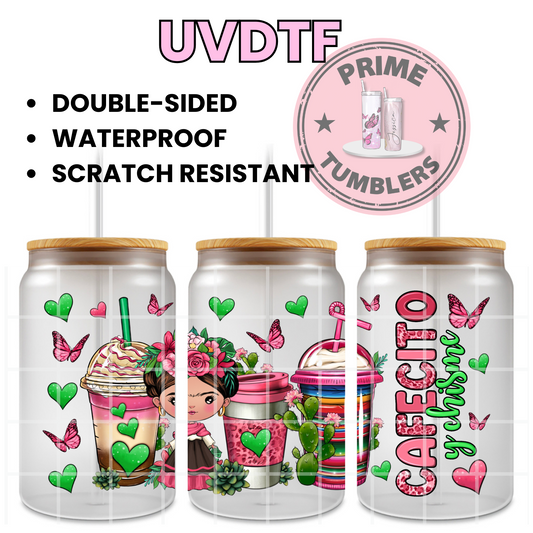 Frida Kahlo CAFECITO Y CHISME 16oz UVDTF cup wrap, ready to apply
