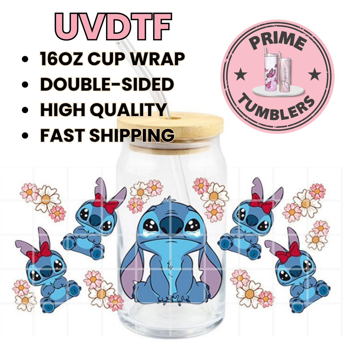 Disney Stitch BABY crying 16oz Libbey Glass Cup Wrap UVDTF, Ready to apply decal STICKERS ohana