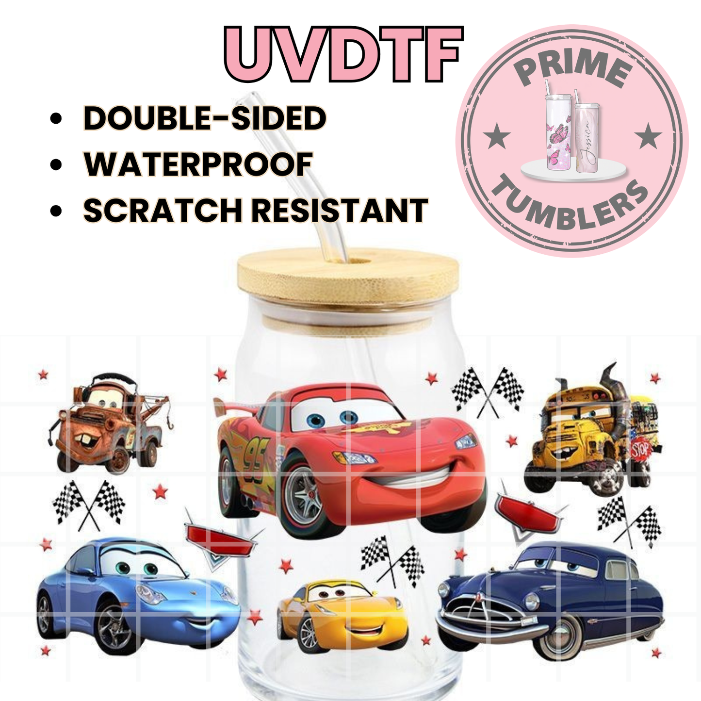 Disney/Pixar movie CARS Lightning McQueen, Mater, Sally Carrera, and Doc Hudson 16oz UVDTF cup wrap, ready to apply STICKERS Decals car