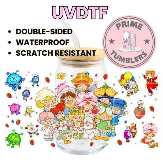 Strawberry Shortcake and Friends Orange Blossom, Lemon Meringue, and Blueberry Muffin 16oz Libbey Glass Cup Wrap UVDTF, Ready to apply decal STICKERS strawberries Custard and Pupcake