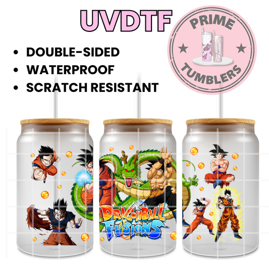 Dragon Ball Z FUSION Ready-to-press UVDTF Transfers, Cup wrap decals, Tumbler prints, 16oz Libbey Glass UV STICKERS DBZ Japanese Anime and Manga Goku powerful fighters and Dragon green Shenron