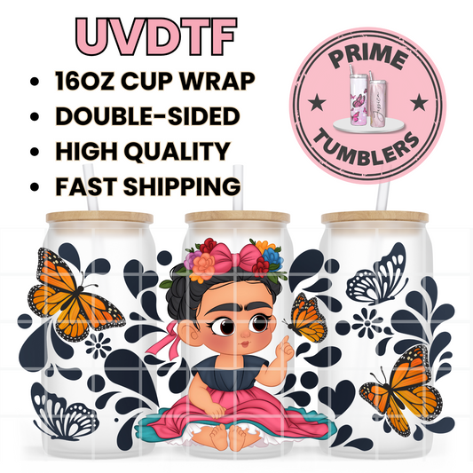 Frida Kahlo Butterfly 16oz UVDTF cup wrap, ready to apply