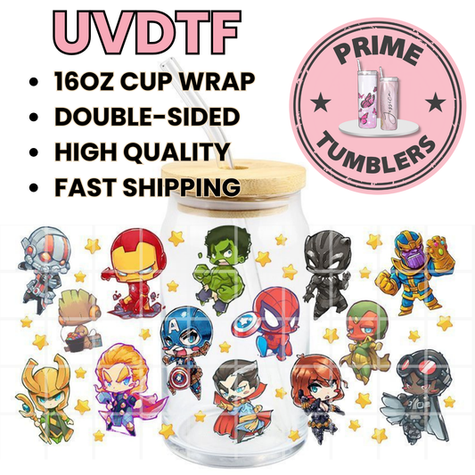 Marvel Avengers superHEROES 16oz UVDTF cup wrap, ready to apply STICKERS Ant-Man, Iron Man, Hulk, Black Panther, Thanos, Groot, Captain America, Spider-Man, Vision, Loki, Thor, Doctor Strange, Black Widow, and Falcon