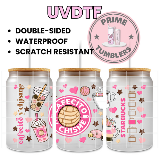 Cafecito y Chisme conchas 16oz UVDTF cup wrap, ready to apply STICKERS coffee pink