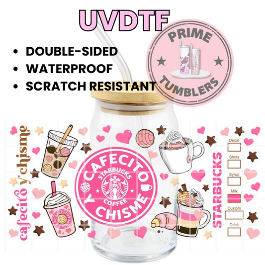 Cafecito y Chisme 16oz UVDTF cup wrap, ready to apply STICKERS coffee pink