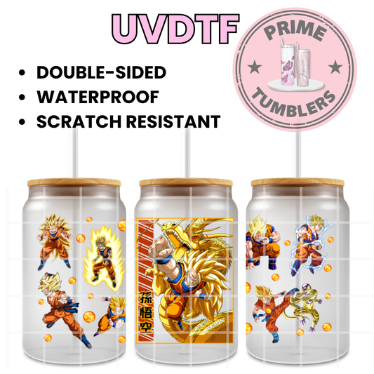 Dragon Ball Z Ready-to-press UVDTF Transfers, Cup wrap decals, Tumbler prints, 16oz Libbey Glass UV STICKERS DBZ Japanese Anime and Manga Goku Super Saiyan yellow