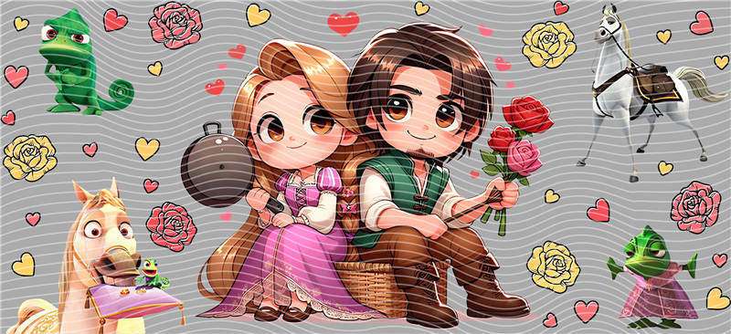 Disney movie Tangled 16oz glass can UVDTF cup wrap, ready to apply STICKERS decal Rapunzel, Flynn Rider, Pascal, and Maximus Kawaii