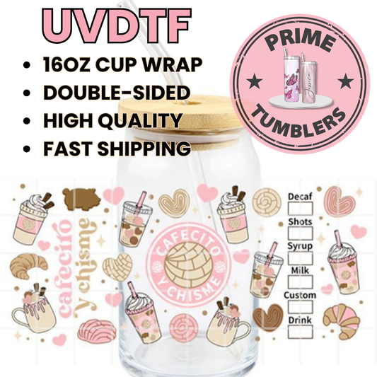Cafecito y CHISME light pink 16oz UVDTF cup wrap, ready to apply STICKERS