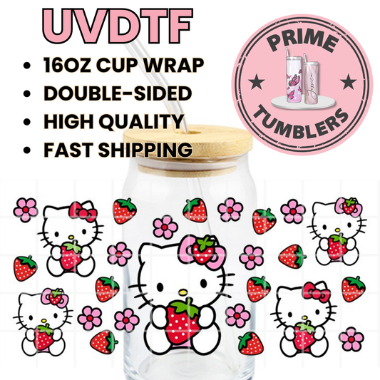 Hello Kitty KAWAII strawberries 16oz UVDTF cup wrap, ready to apply STICKERS