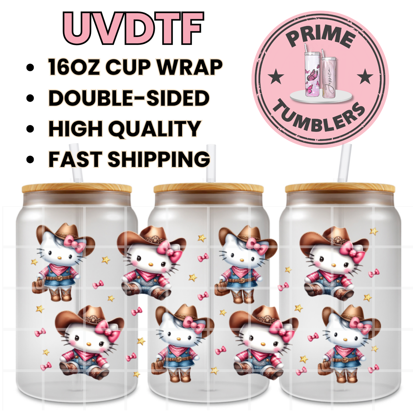 Western Cowboy cowgirl Hello Kitty 16oz UVDTF cup wrap, ready to apply STICKERS