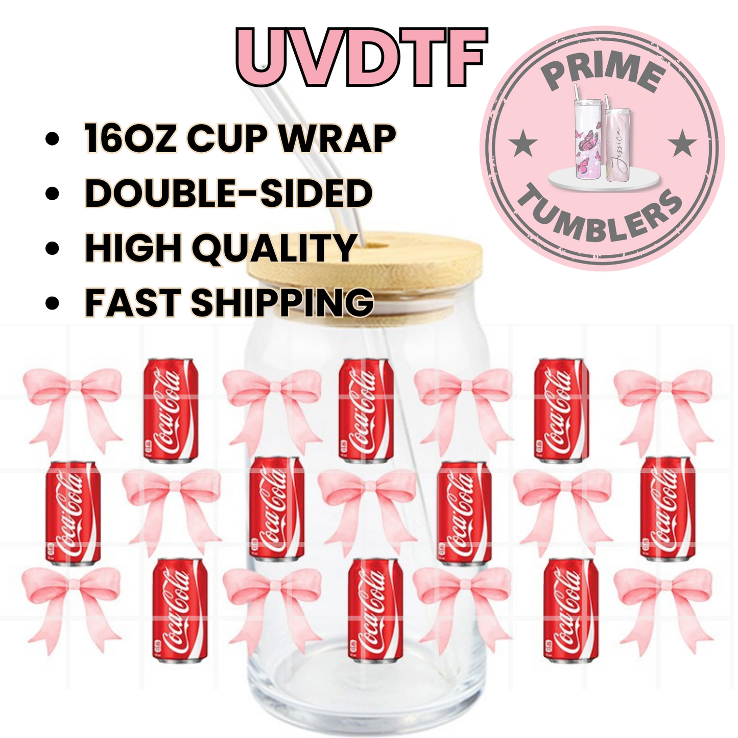 Coca Cola cans and bows 16oz UVDTF cup wrap, ready to apply STICKERS decals pink red