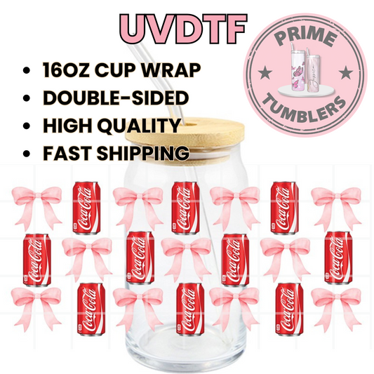 Coca Cola cans and bows 16oz UVDTF cup wrap, ready to apply STICKERS decals pink red