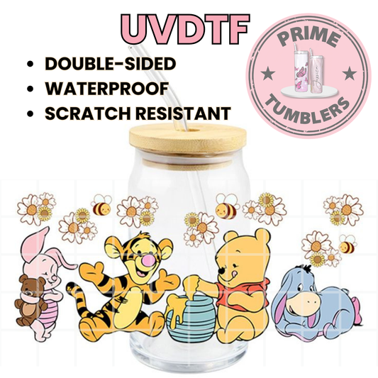 Disney’s Winnie the Pooh Bear BABY 16oz Libbey Glass Cup Wrap UVDTF, Ready to apply decal STICKERS Walt Disney Pooh teddy bear, Piglet pig, Tigger tiger and Eeyore donkey