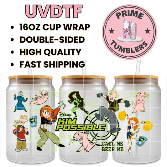 KIM POSSIBLE Tv Show 16oz UVDTF cup wrap, ready to apply STICKERS decal Call me Beep me