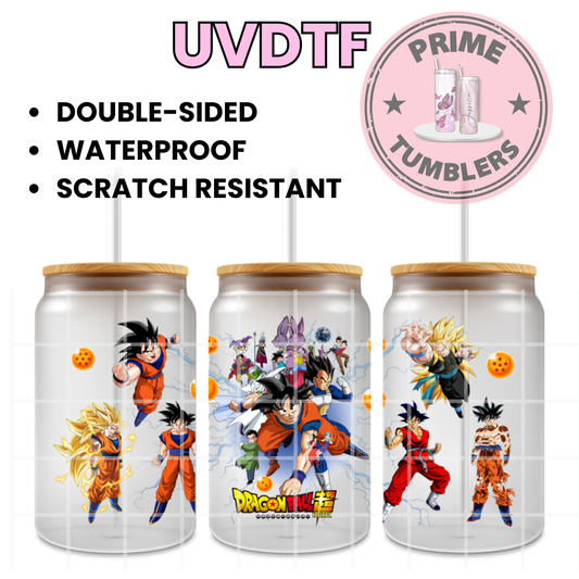 Dragon Ball Super and Dragon Ball Z Ready-to-press UVDTF Transfers, Cup wrap decals, Tumbler prints, 16oz Libbey Glass UV STICKERS DBZ Japanese Anime and Manga Goku Super Saiyan