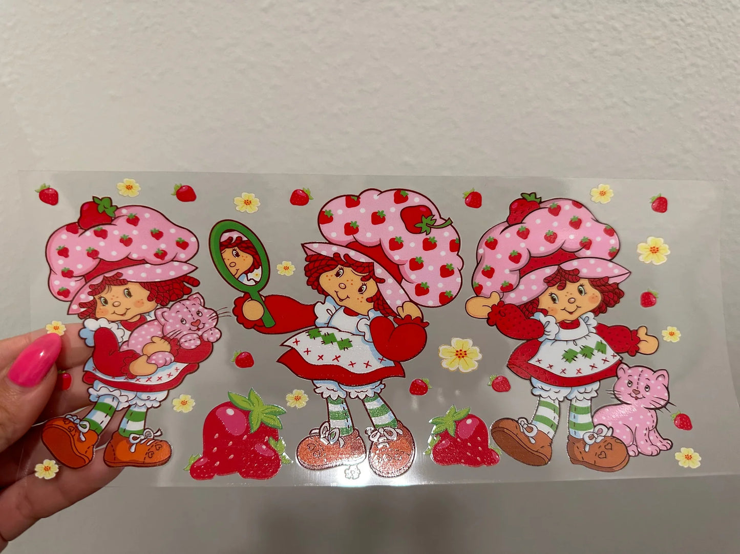 Strawberry Shortcake 16oz Libbey Glass Cup Wrap UVDTF, Ready to apply decal STICKERS strawberries flowers