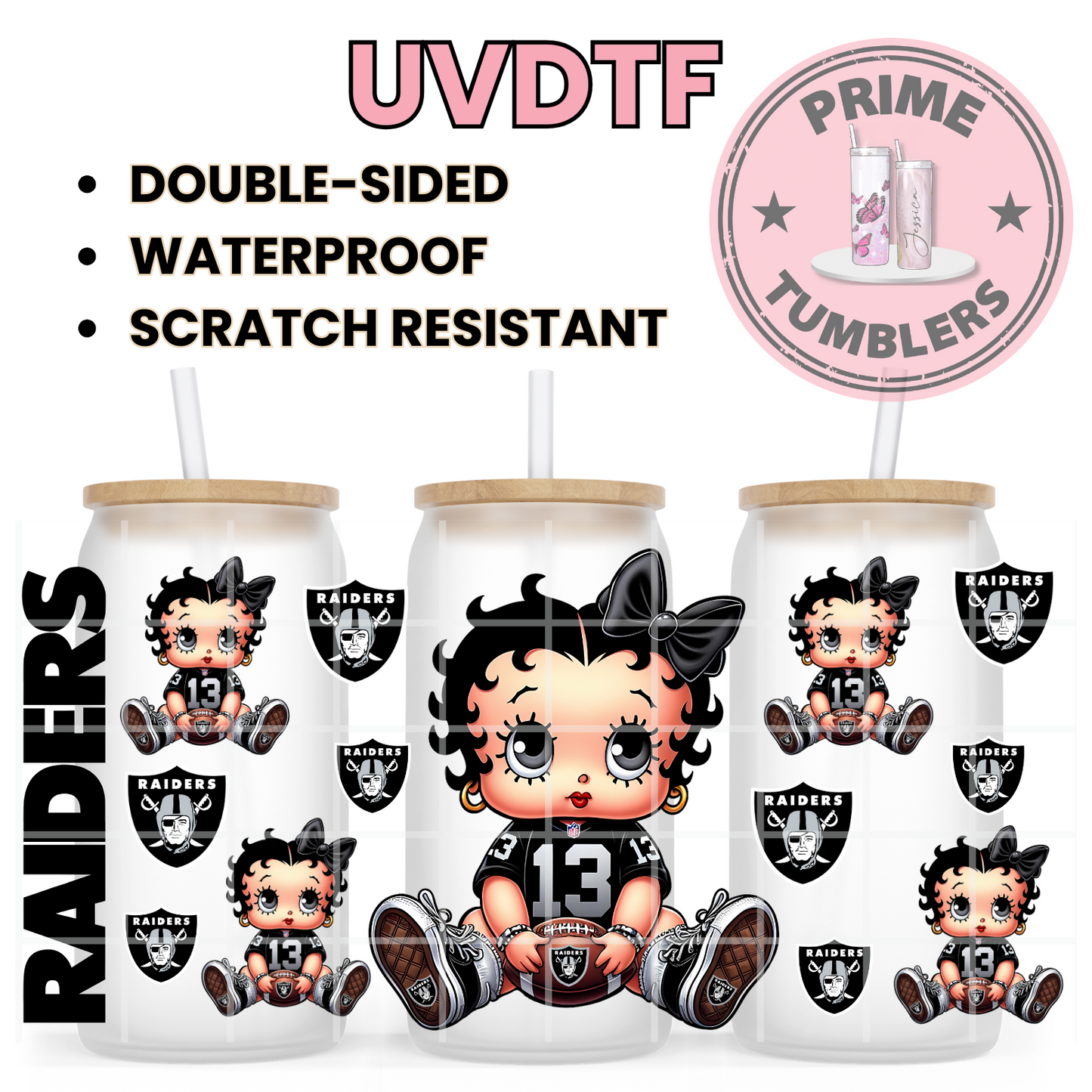 Betty Boop RAIDERS 16oz UVDTF cup wrap, ready to apply STICKERS Football