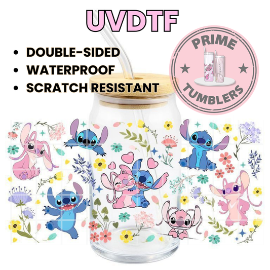 Disney movie Stitch and Angel 16oz Libbey Glass Cup Wrap UVDTF, Ready to apply decal STICKERS flowers Stitch blue alien, and Angel pink alien