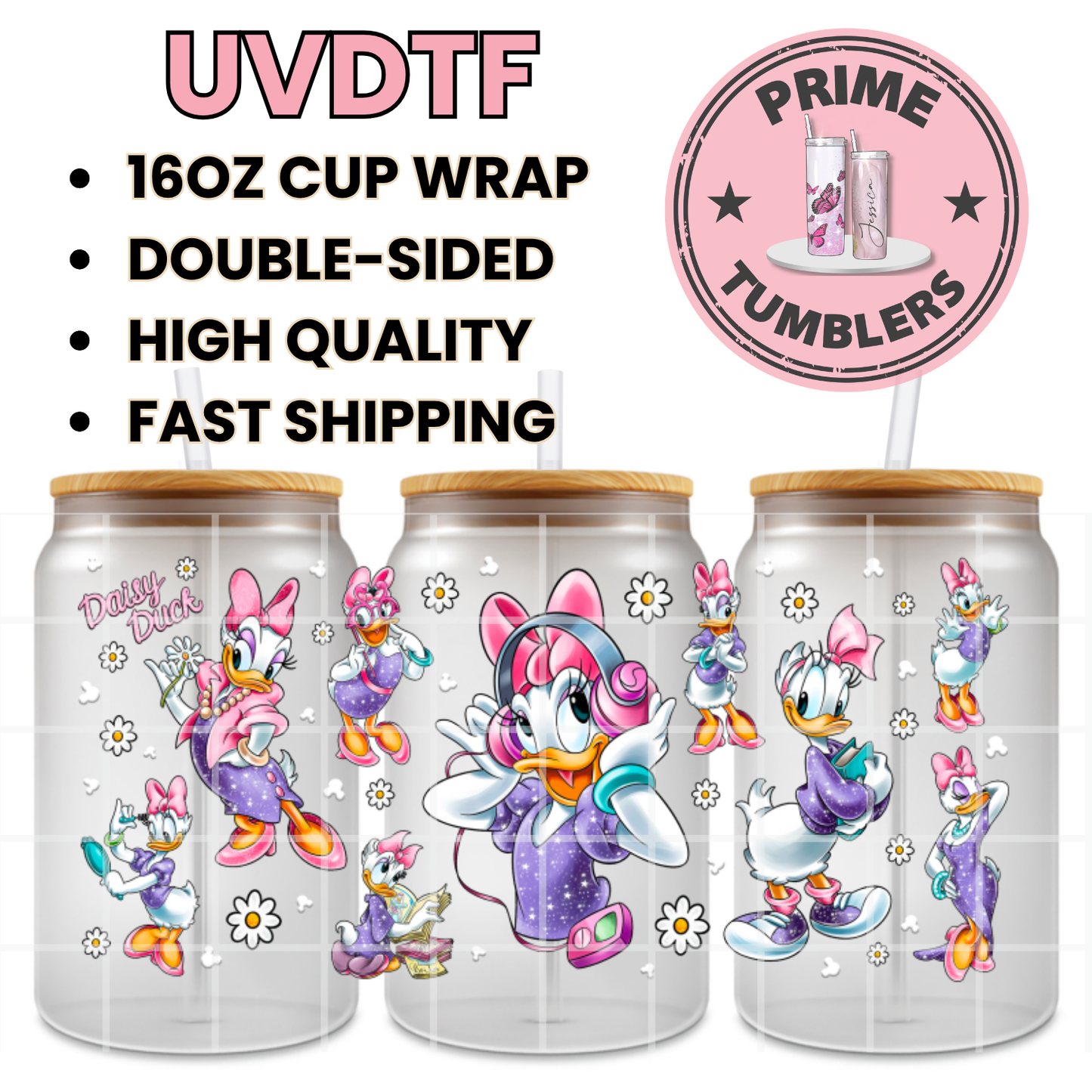 Disney DAISY duck 16oz UVDTF cup wrap, ready to apply STICKERS