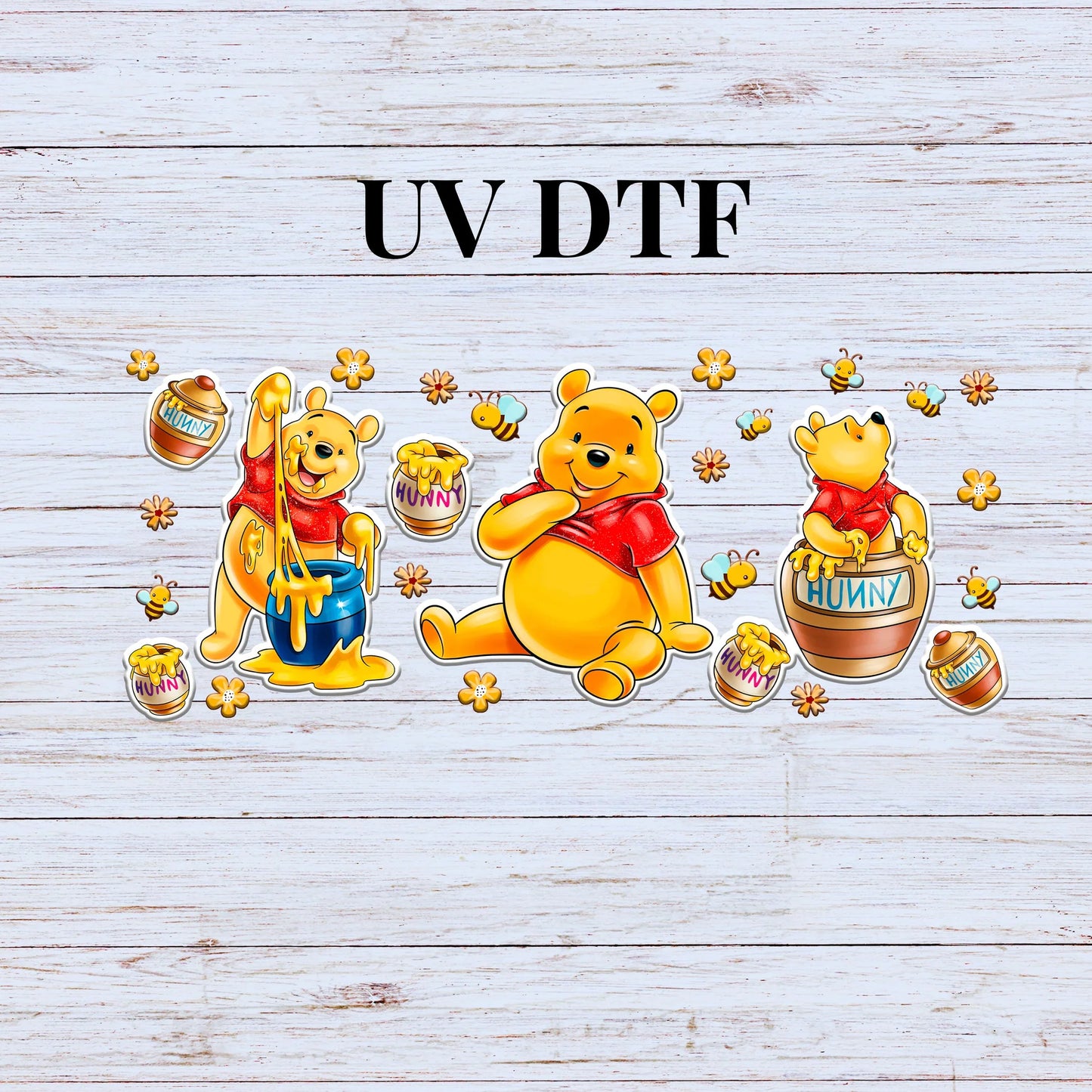 Disney’s Winnie the Pooh Bear, honey 16oz Libbey Glass Cup Wrap UVDTF, Ready to apply decal STICKERS Walt Disney Hundred Acre Wood hunny