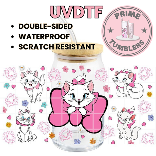 Marie Disney the Aristocats 16oz UVDTF cup wrap, ready to apply STICKERS Turkish Angora Cat, female kitten with blue eyes and pink bow